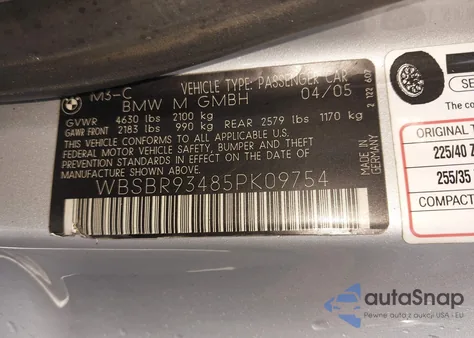 2005 BMW M3 z USA, uszkodzony, nr VIN WBSBR93485PK09754